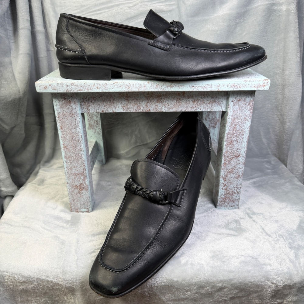 Salvatore Ferragamo Loafers Mens 13 Black Leather Braided Gancini Made in Italy